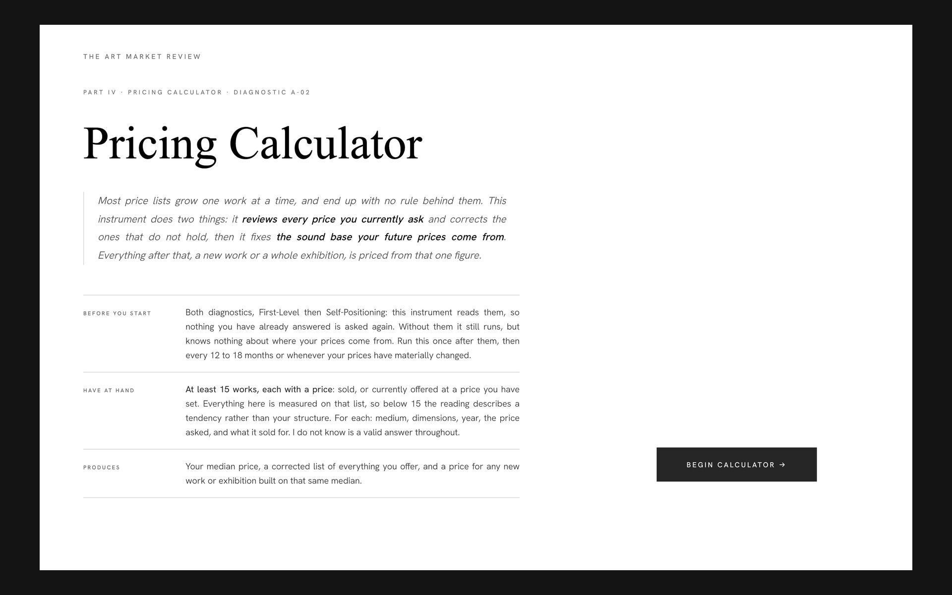 The pricing calculator before it starts: what it reads, what to have at hand, what it produces