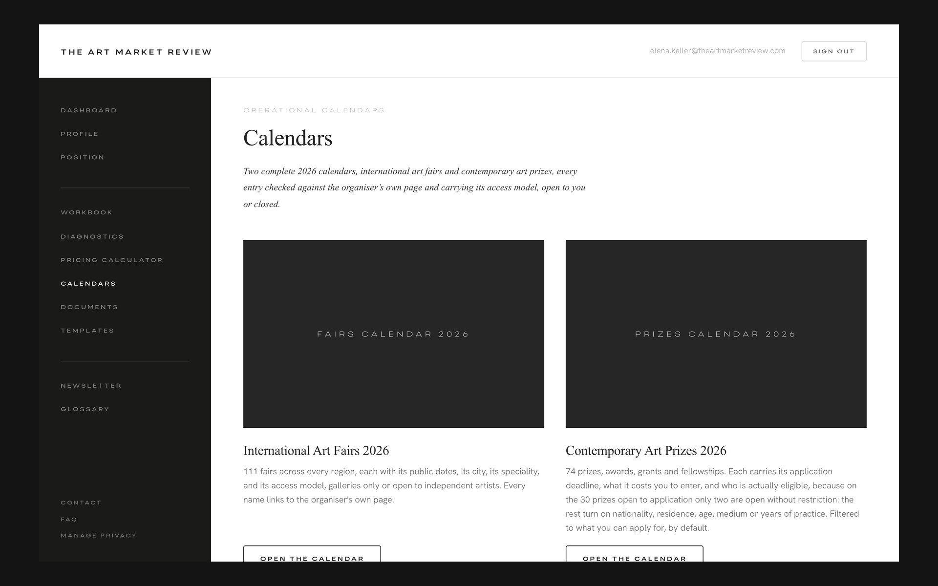 The calendars page: the 2026 fairs calendar and the prizes calendar