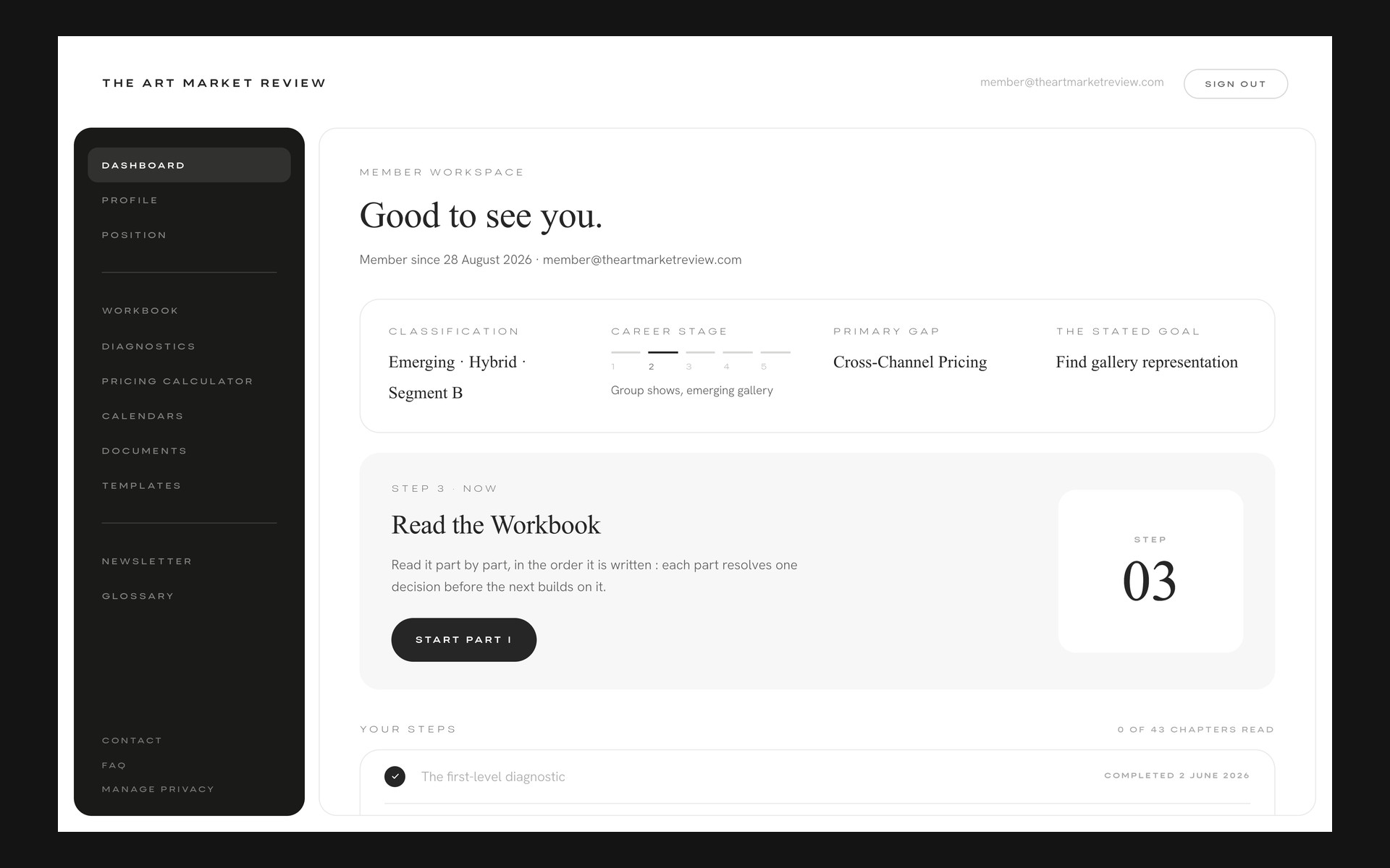 The member dashboard: classification, career stage, primary gap, the stated goal, and the step to take now