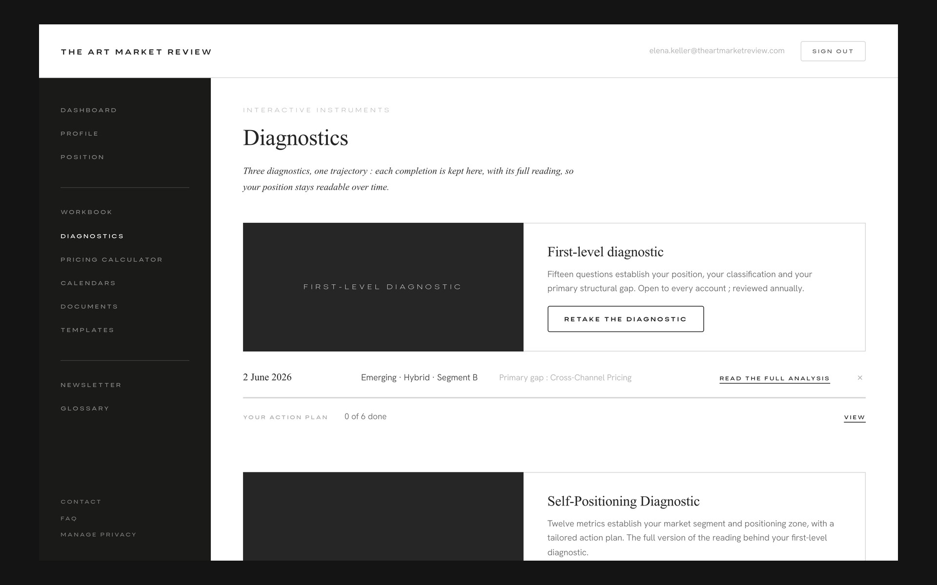 The diagnostics page: the three instruments and the runs kept