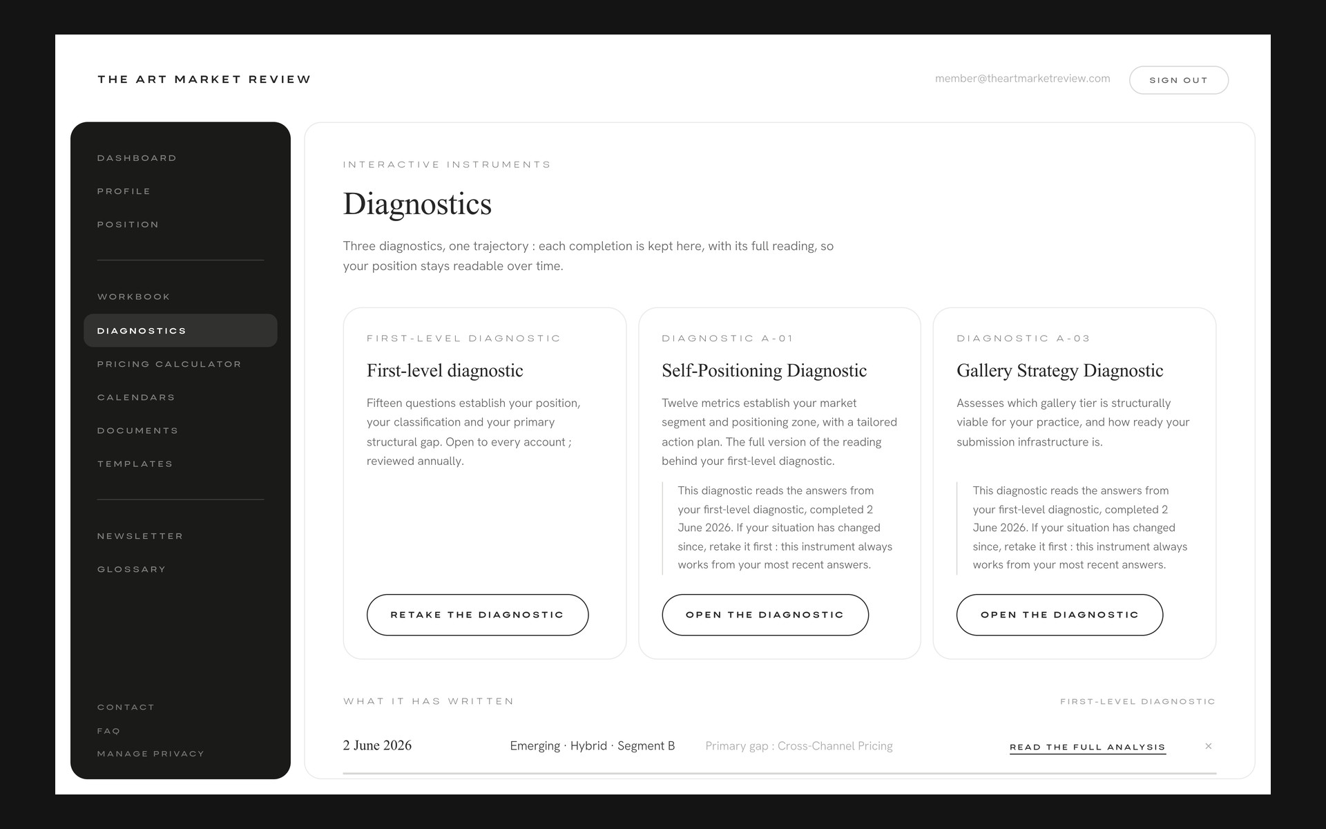 The diagnostics page: the three instruments and the runs kept