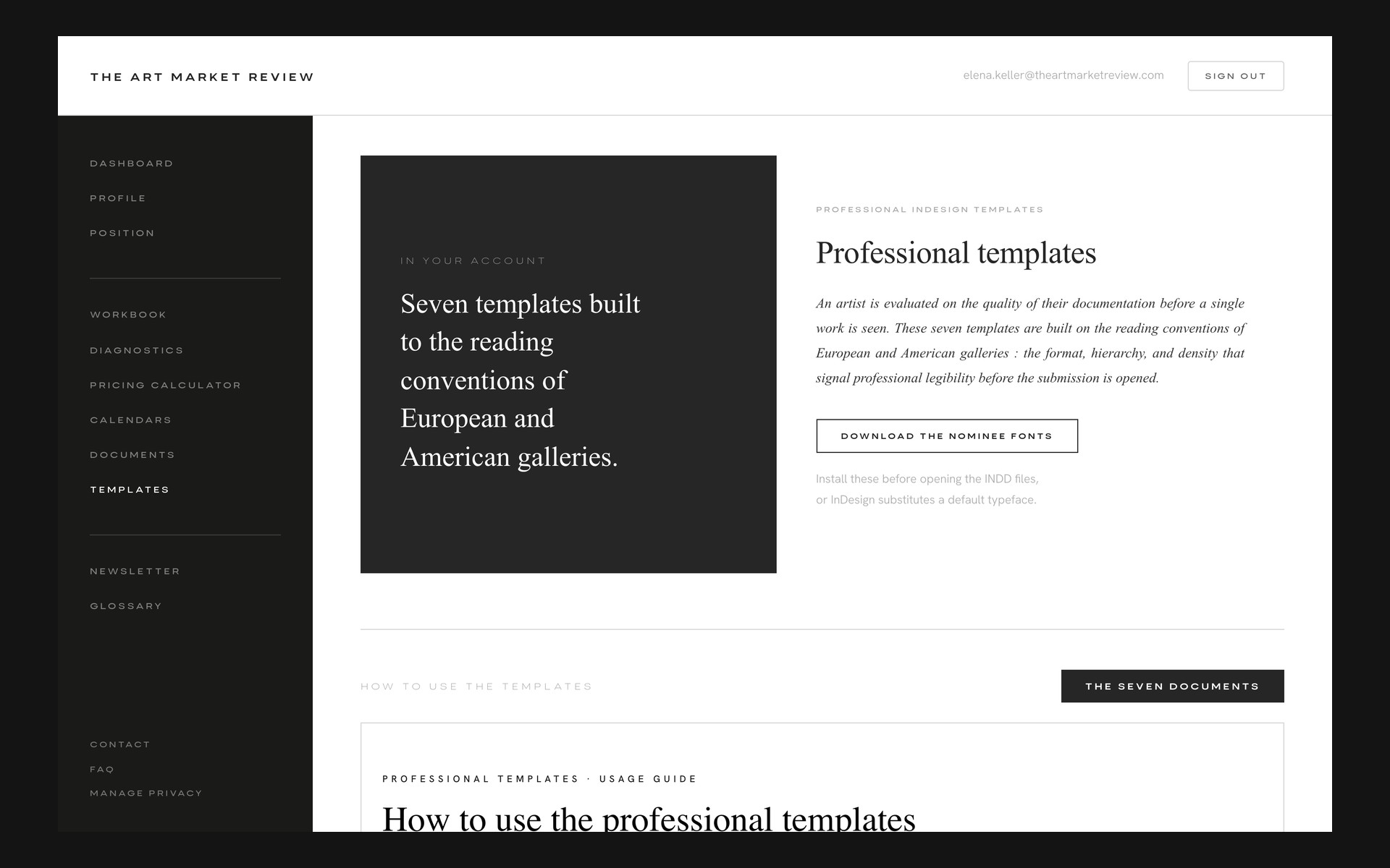 The templates page in the account: the seven InDesign documents and the Nominee fonts