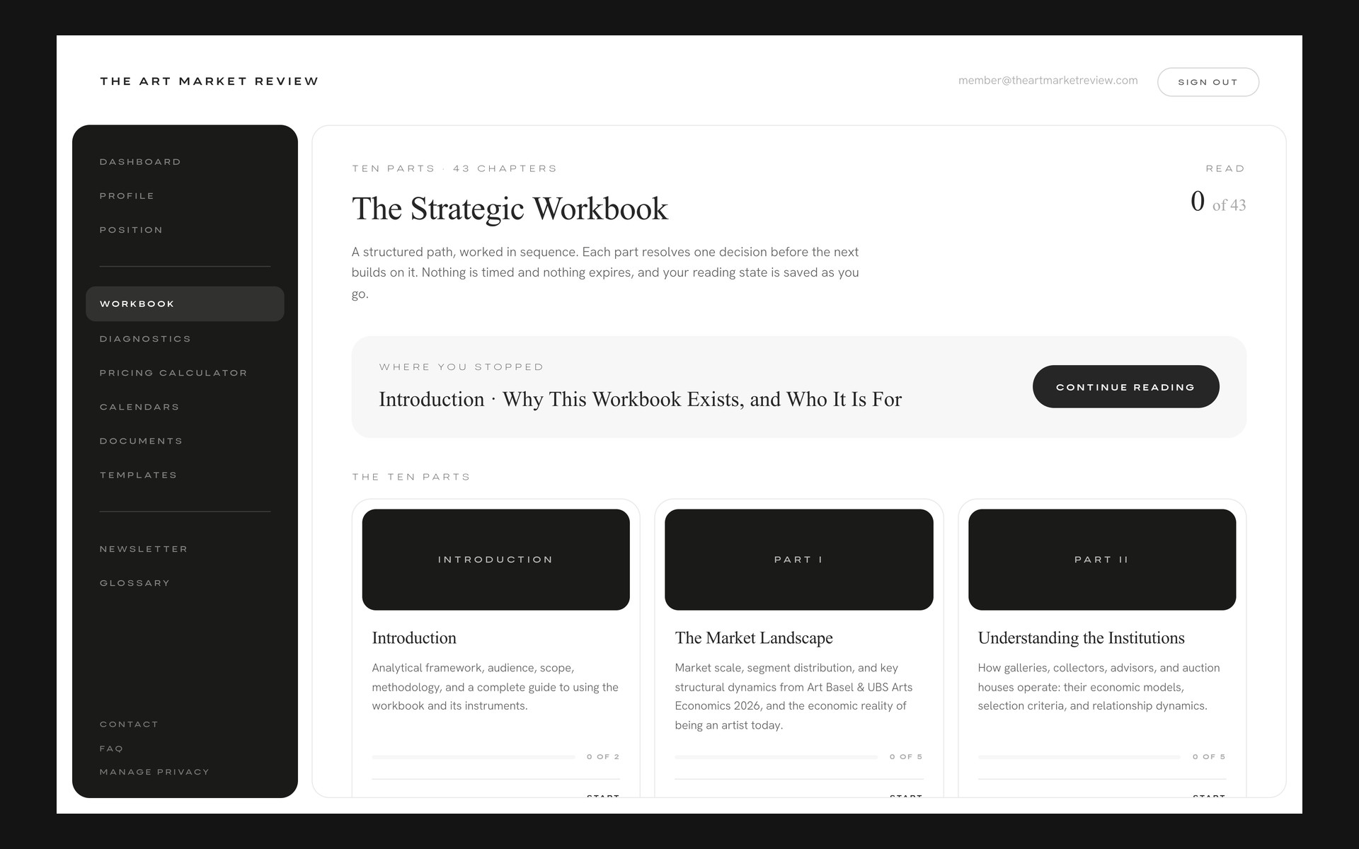 The Workbook in the account: the ten parts and the reading state